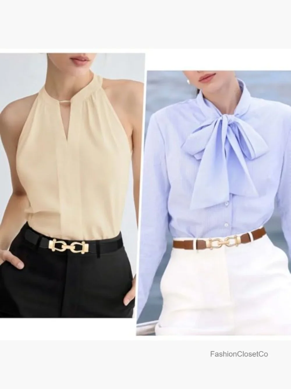 Women Stretch Waist Belt with Gold Buckle - Thin Elastic Dress Belt